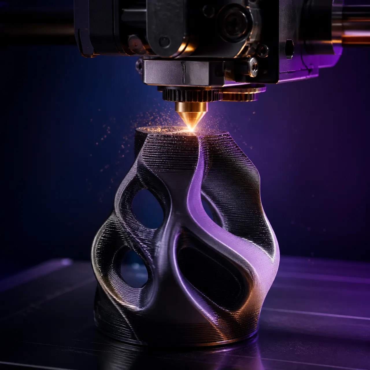 Peça sendo impressa camada por camada com partículas de luz saindo do bico da impressora 3D